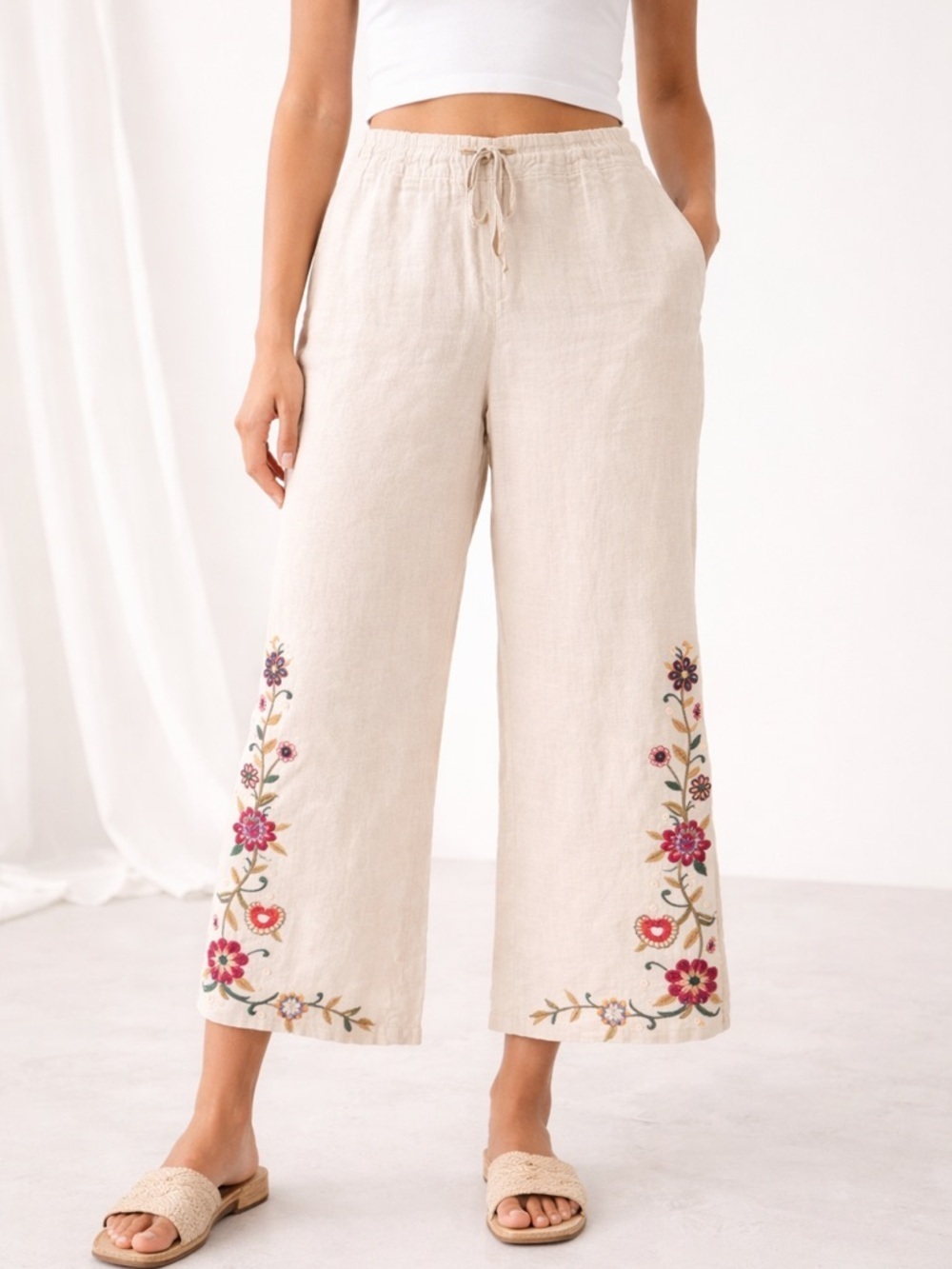 Johnny Was Calli Wide Leg Linen Embroidered Pants sz M floral cream